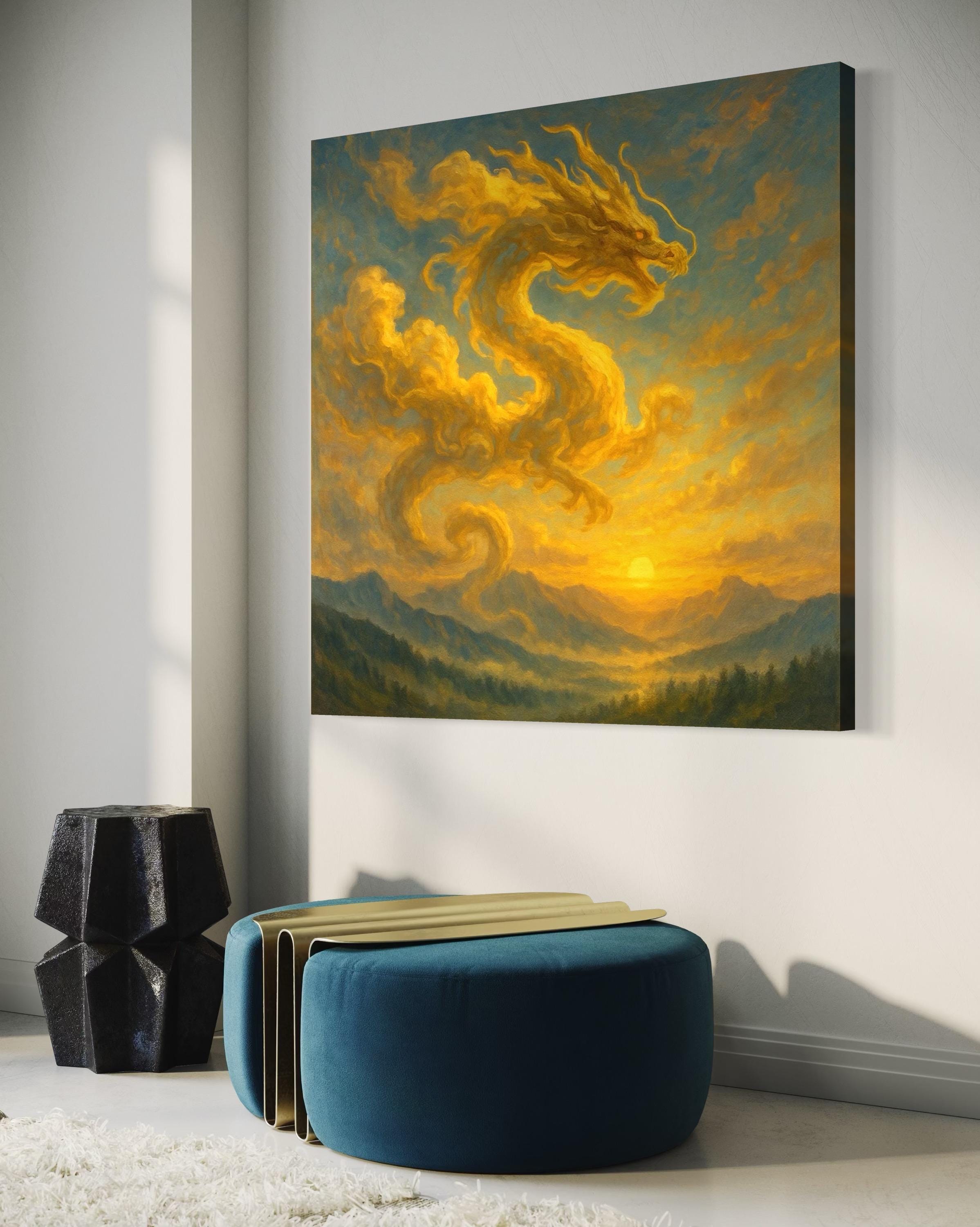 Golden dragon-like silhouette rising through amber clouds over teal mountains at sunset detail view