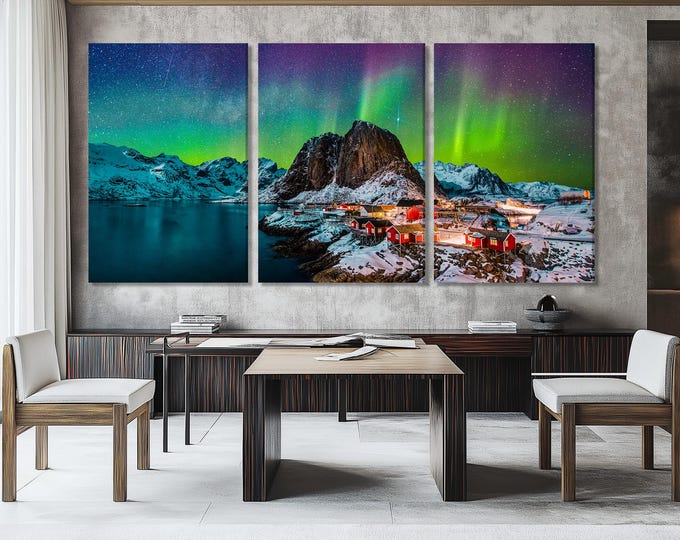 Northern Lights Canvas Print, Arctic Aurora Borealis Over Lofoten, Norwegian Winter Art, Red Cabins and Snowy Mountains, Large Nordic Decor