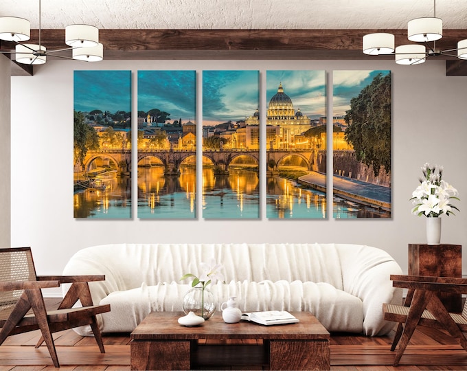 Rome Vatican Canvas Print – Extra Large Sunset City Skyline of St. Peter’s Basilica and Tiber River Wall Art for Home or Office Wall Decor