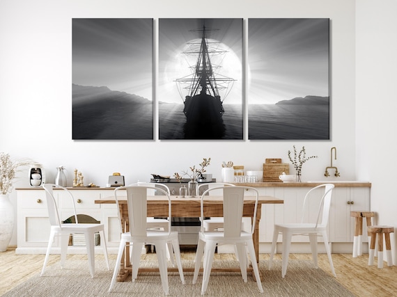 Black and White Nautical Wall Art -  Sailing Ship Canvas Print Vintage Pirate Ship Artwork Sailor Inspired Decor Large Maritime Art Print