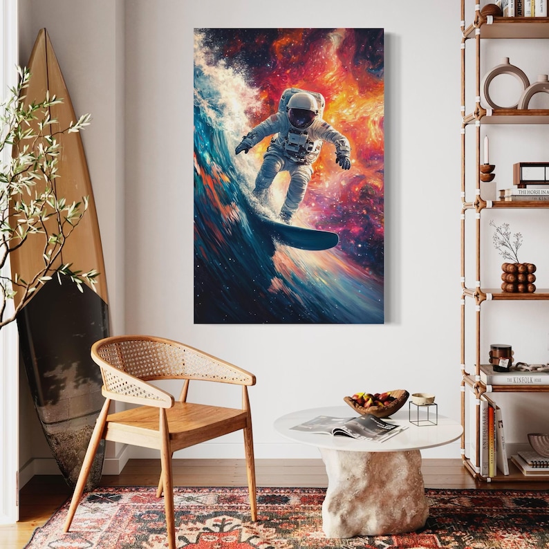 A astronaut figure surfs a glowing wave, set against swirling nebula-like colours in deep blues, magentas, and bright sunset oranges, with starlit