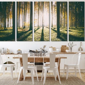 Wald Leinwand Kunst - Wald Bäume Kunstdruck, Wald Sonnenaufgang Wandkunst, übergroße Wanddekoration, Wald Wandkunst, moderne Küchenwanddekoration