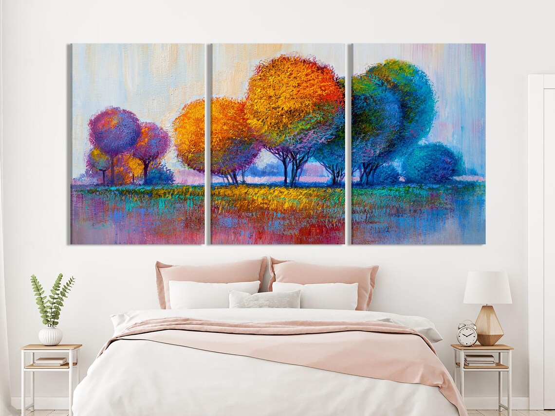 Colourful abstract tree landscape across five panels with textured blue sky and vibrant foliage detail view