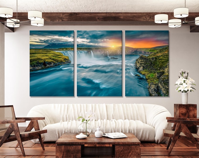 Godafoss Print Waterfall Canvas Art Iceland Nature Wall Art Oversized Waterfall Painting Landscape Artwork Iceland Art Print Home Wall Decor