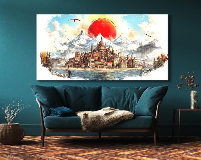 Fantasy Cityscape Canvas Art Majestic Mountains Wall Decor Medieval Town Painting Red Sun Abstract Fantasy Artwork Scenic Wall Print