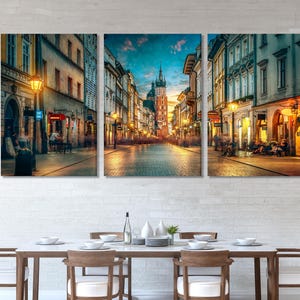 Impressão em tela da rua Florianska, arte de parede da Basílica de Santa Maria, paisagem noturna da cidade velha de Cracóvia, decoração de cidade polonesa XXL, arte em tela do centro de Cracóvia