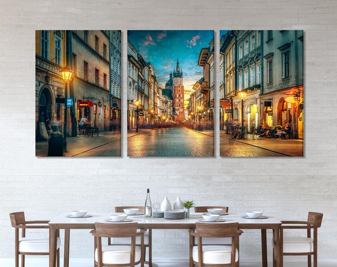 Florianska Street Canvas Print, St. Mary’s Basilica Wall Art, Krakow Old Town Nightscape, XXL Polish City Decor, Downtown Krakow Canvas Art