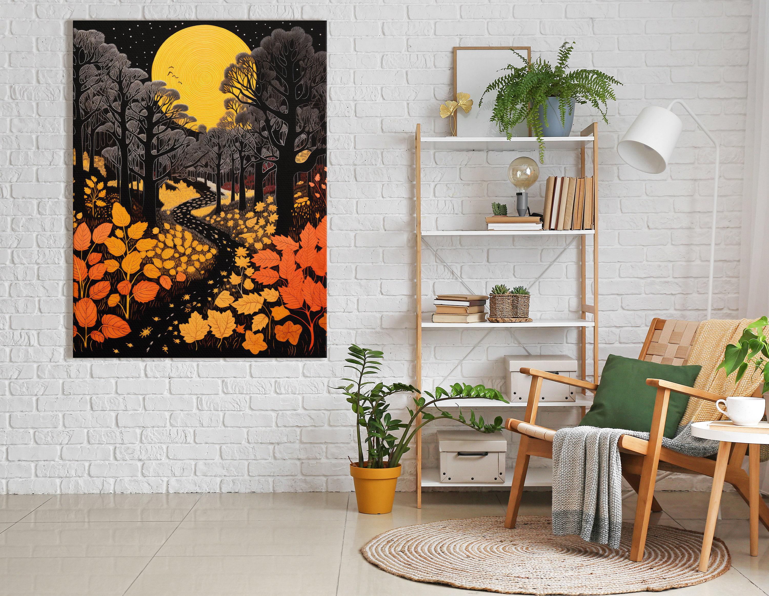 Moonlit autumn forest with glowing yellow moon, dark tree silhouettes and falling orange leaves detail view