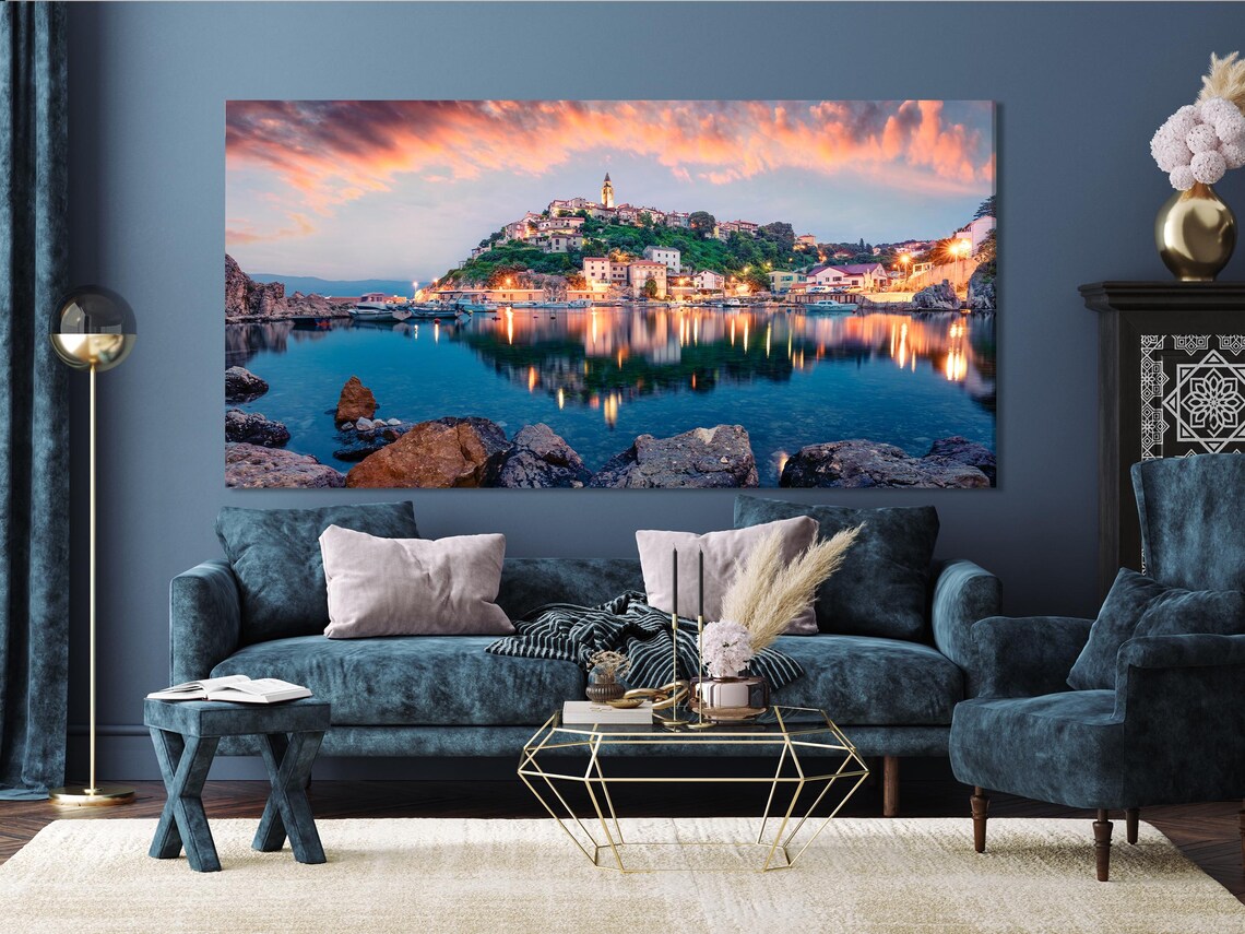 Living room mockup with a multi-panel harbour seascape artwork above a green sofa