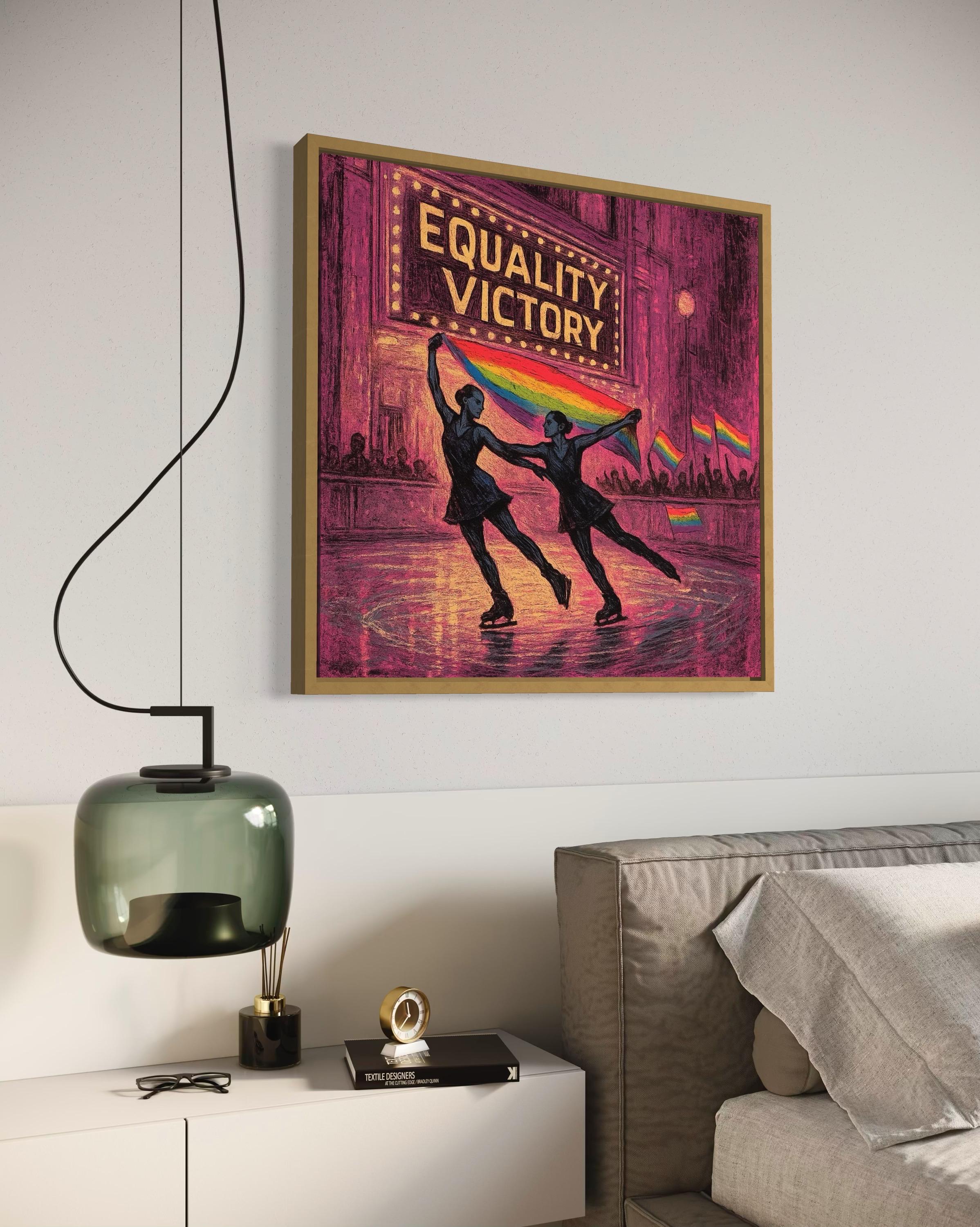 Room mockup showing Equality Victory wall art above a wooden console table