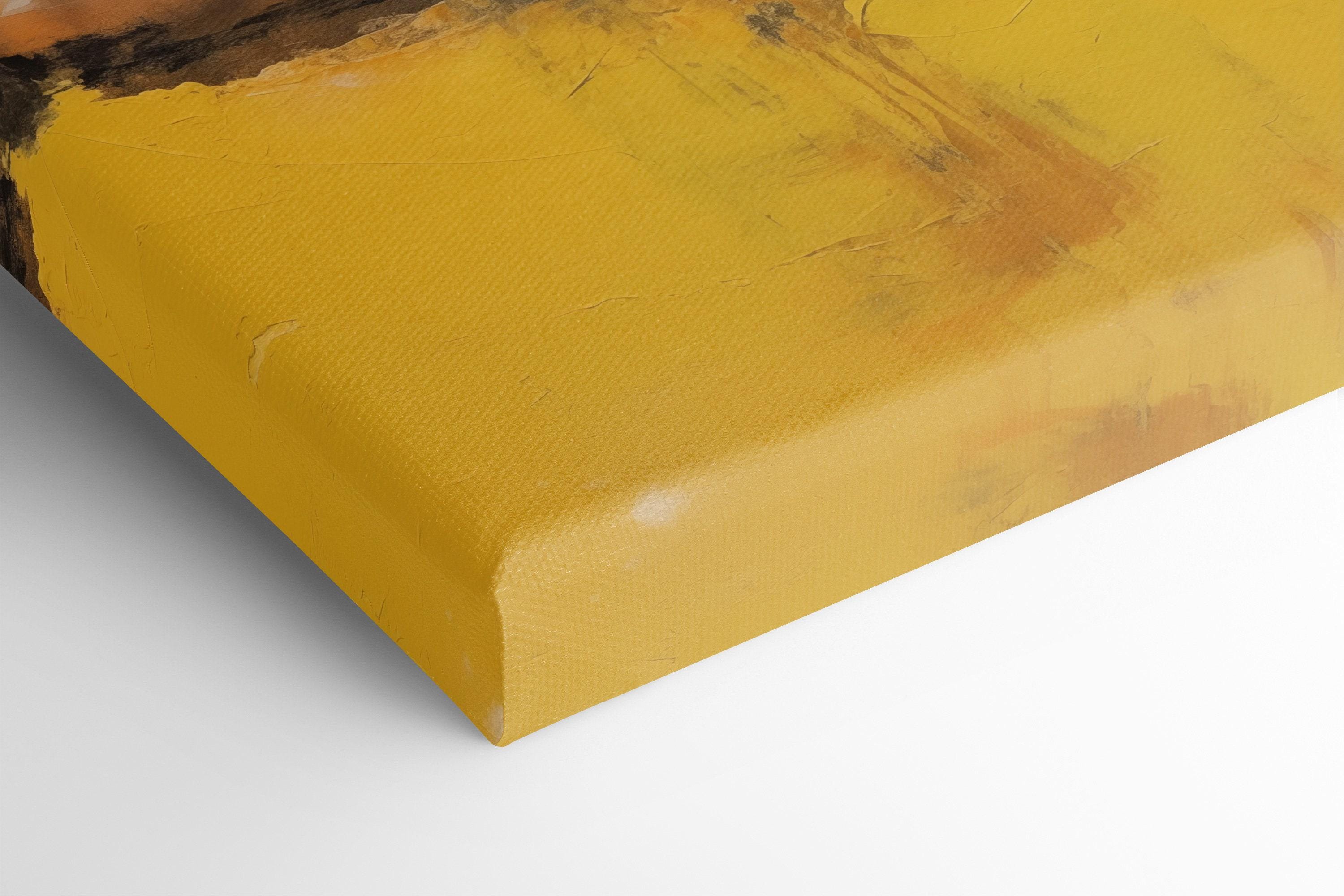 Abstract painting in mustard yellow, olive green, cream and dark charcoal with textured brush marks detail view