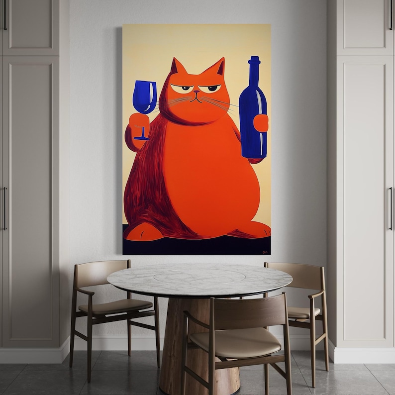 Stylised orange cat holding a blue wine glass beside a blue wine bottle on a beige background