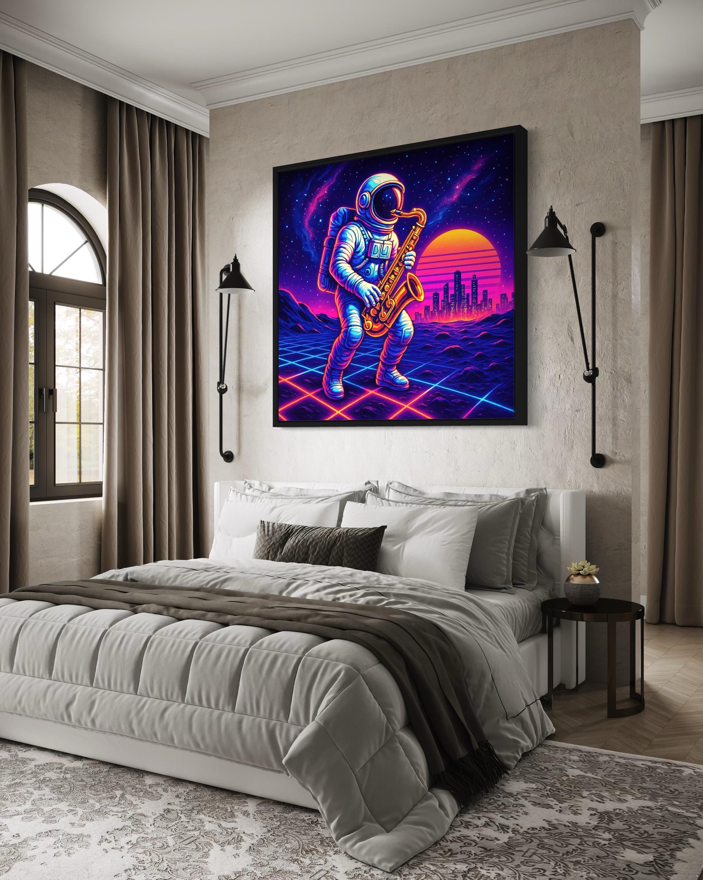 Neon astronaut saxophone artwork displayed in a modern dining room