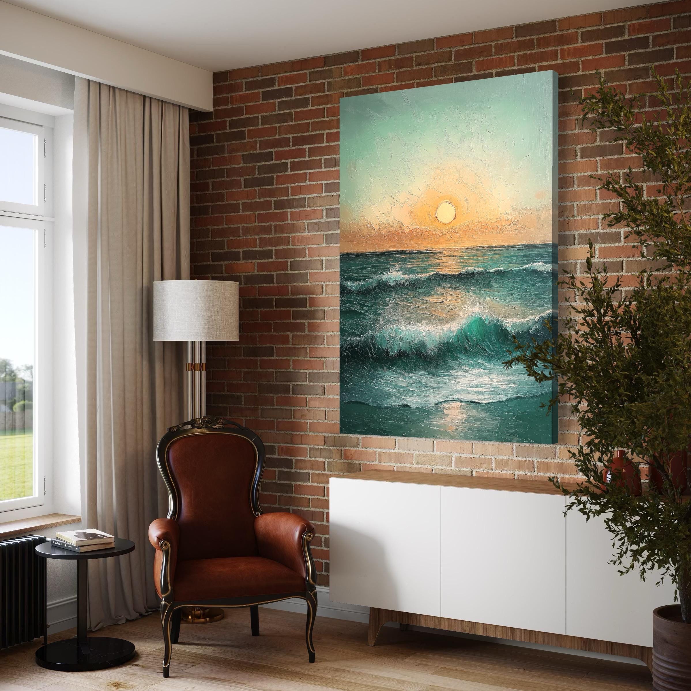Ocean sunset seascape artwork displayed in an outdoor patio setting with seating