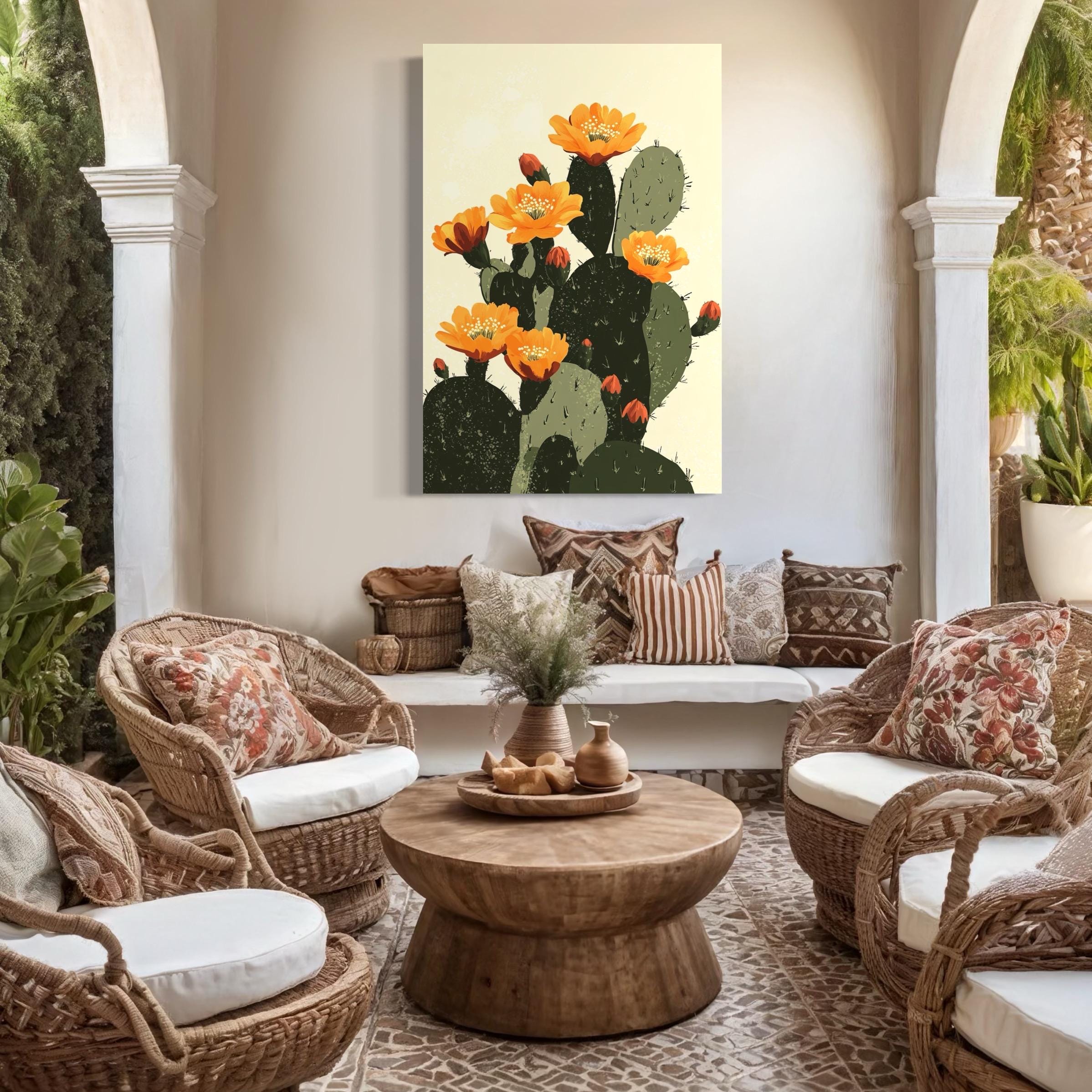 Room mockup with a cactus artwork hanging on a wall between green plants