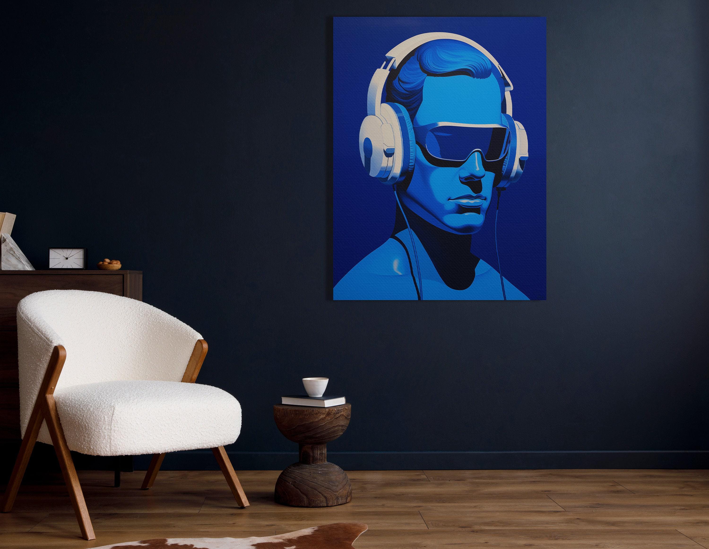 Electric blue portrait of a person wearing large headphones and dark visor sunglasses detail view