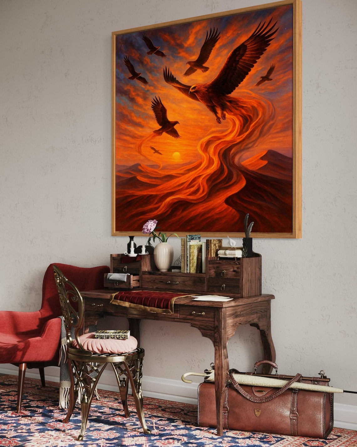 A golden eagle in mid-flight dominates a fiery mountain sunset, with a warm orange sky, swirling river-like lava forms and several smaller birds