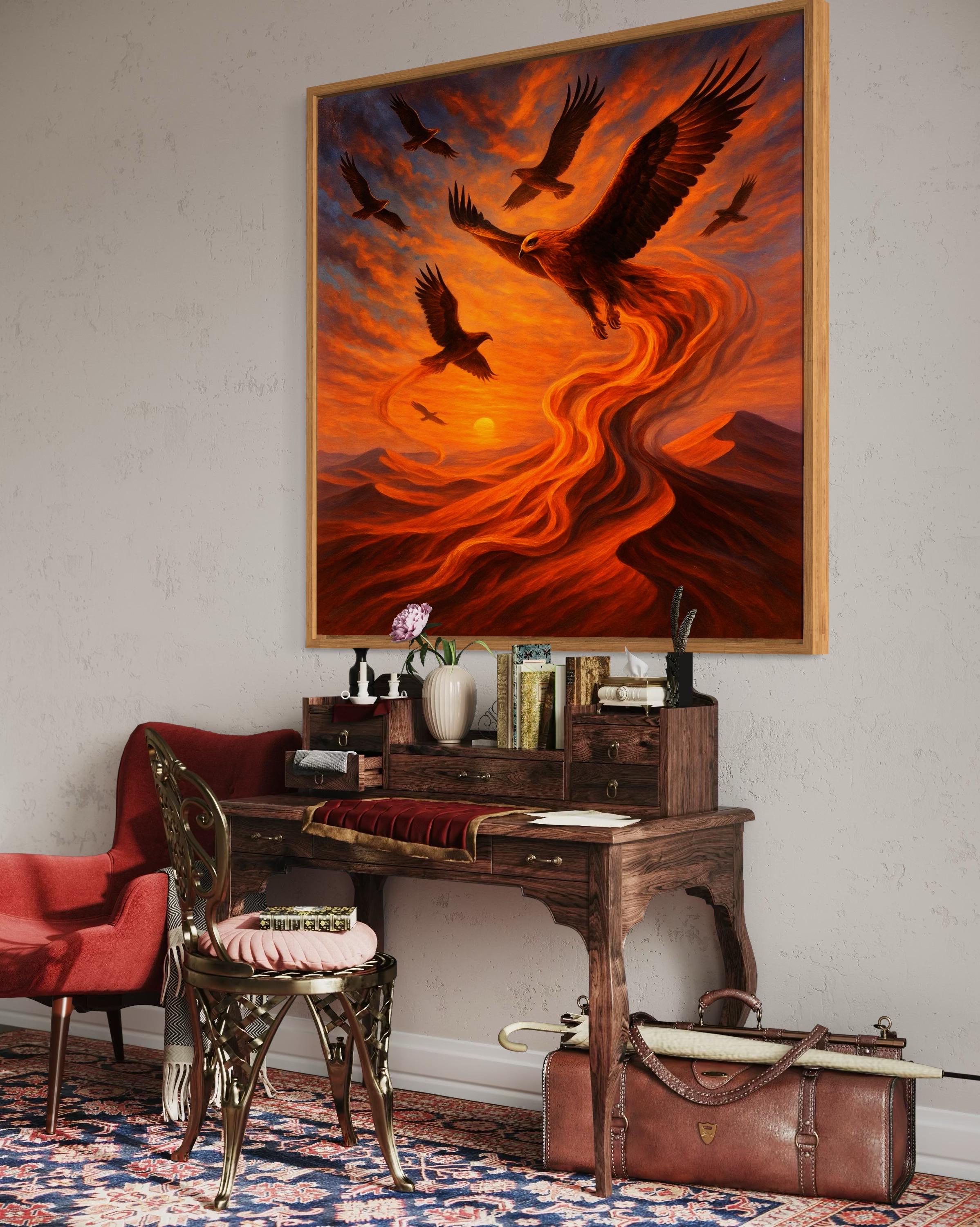 A golden eagle in mid-flight dominates a fiery mountain sunset, with a warm orange sky, swirling river-like lava forms and several smaller birds