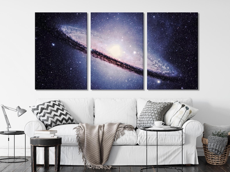Three-panel galaxy night sky artwork with stars, nebula haze and a bright cosmic core