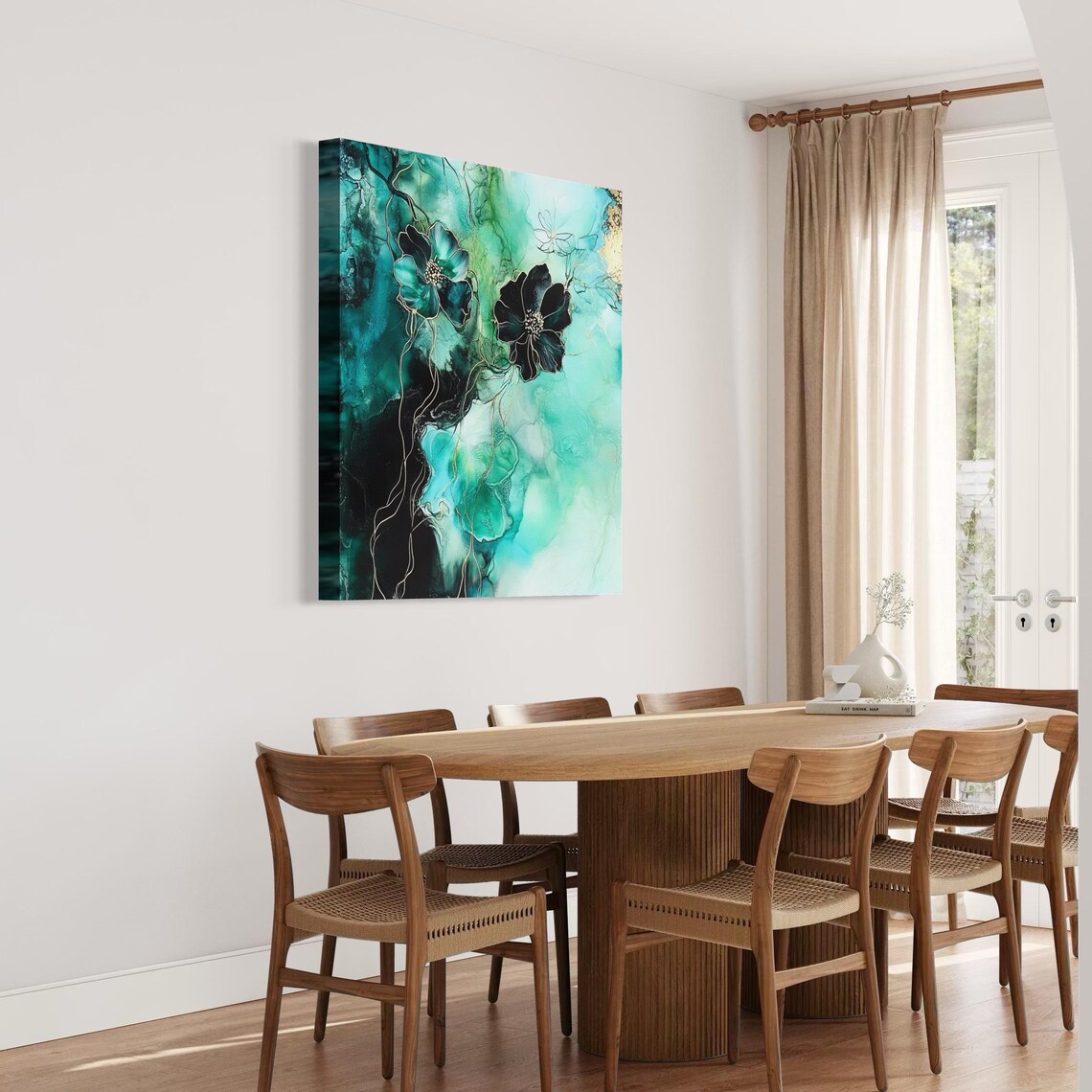 Room mockup showing a square abstract floral artwork above a dining table