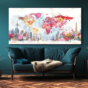 Stadtansicht Blumen Weltkarte Leinwand Abstrakt Skyline Wand Kunst Bunte Reise Karte Malerei Blumen Stadt Dekor Modernes Wohnheim Interieur