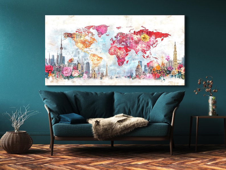Colourful world map with city skylines and clusters of pink and red flowers