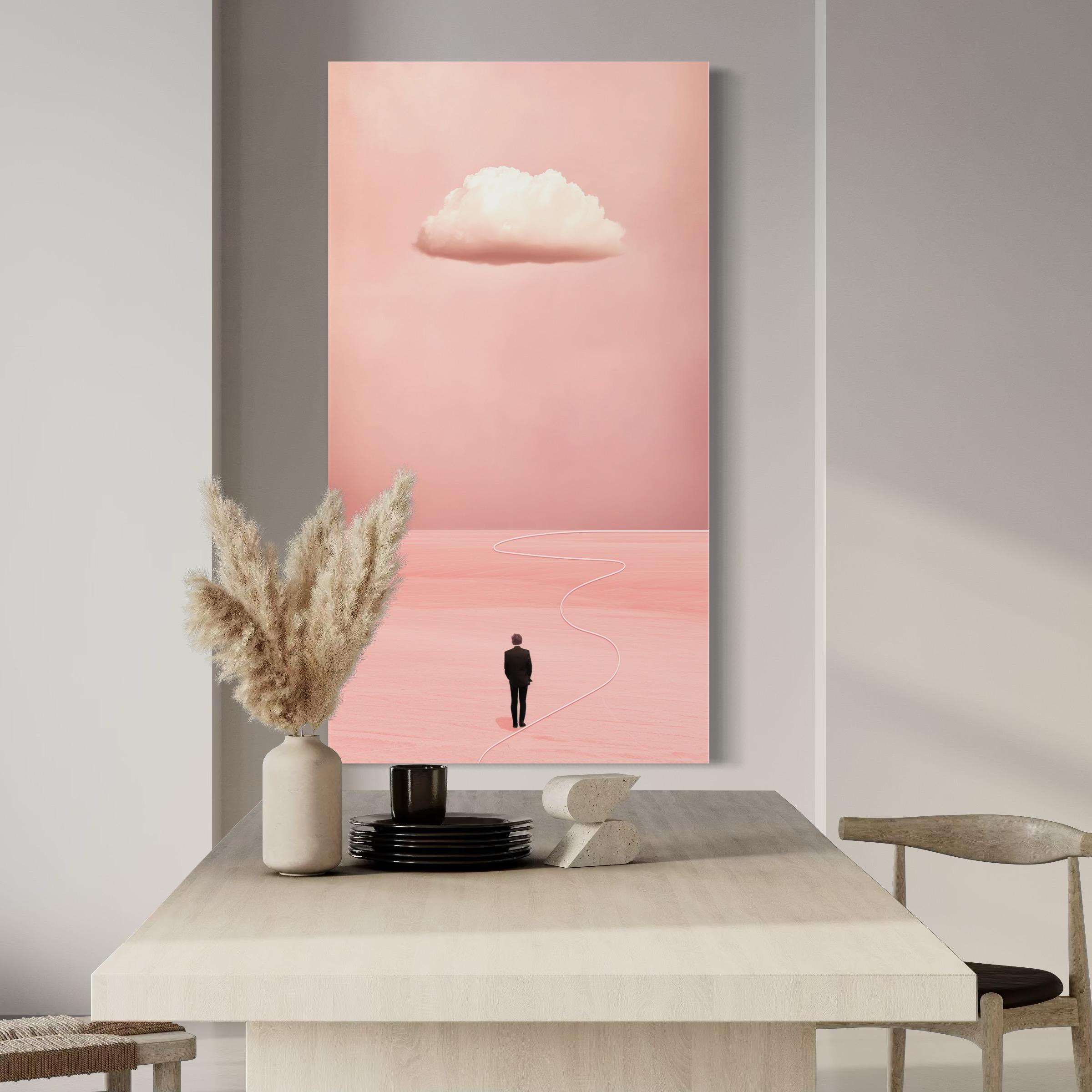 Room mockup showing blush pink cloud artwork above two red armchairs