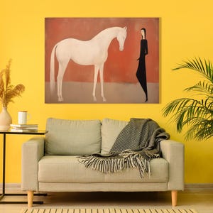 White Horse & Minimalist Woman Canvas Art – Modern Terracotta Figurative Painting, Mid-Century Boho Equine Wall Decor, Gift for Horse Lover image 6