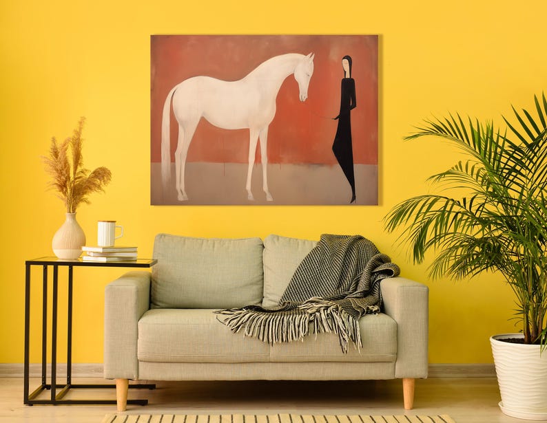 White Horse & Minimalist Woman Canvas Art – Modern Terracotta Figurative Painting, Mid-Century Boho Equine Wall Decor, Gift for Horse Lover image 6