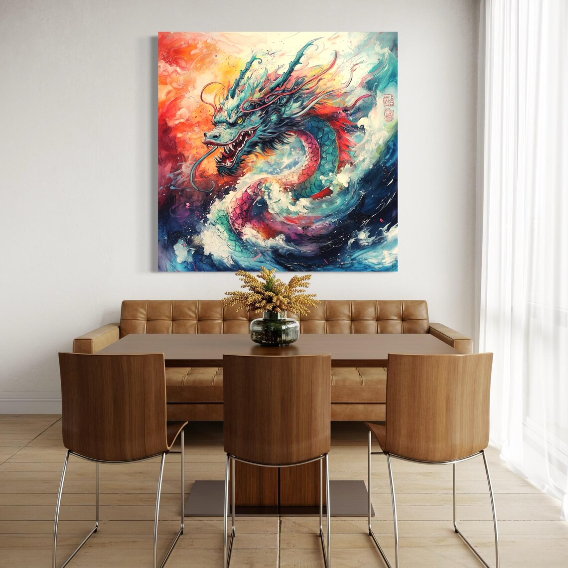 Colourful fantasy dragon with open mouth and teal scales, surrounded by swirling waves and fiery red-orange splashes detail view