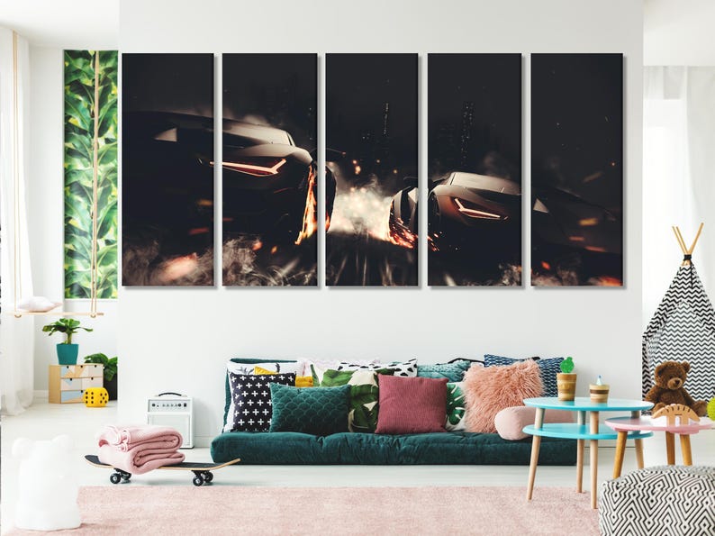 Multi-panel night scene featuring a sleek sports car with glowing headlights and orange-red motion trails