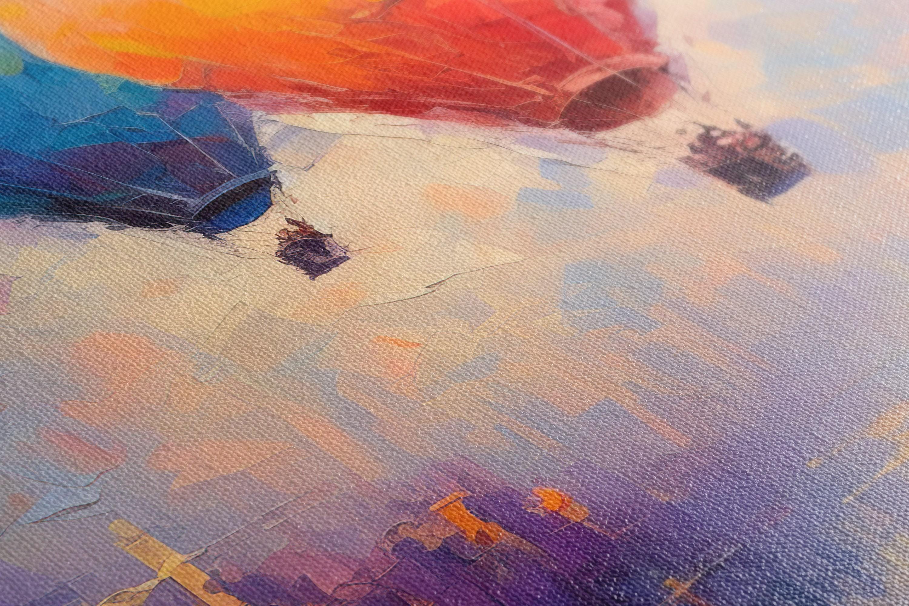 Three colourful hot air balloons floating above a stylised city at sunset detail view