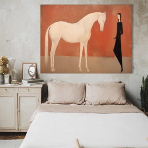 White Horse & Minimalist Woman Canvas Art – Modern Terracotta Figurative Painting, Mid-Century Boho Equine Wall Decor, Gift for Horse Lover image 8