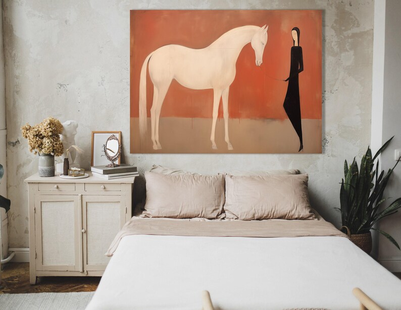 White Horse & Minimalist Woman Canvas Art – Modern Terracotta Figurative Painting, Mid-Century Boho Equine Wall Decor, Gift for Horse Lover image 8