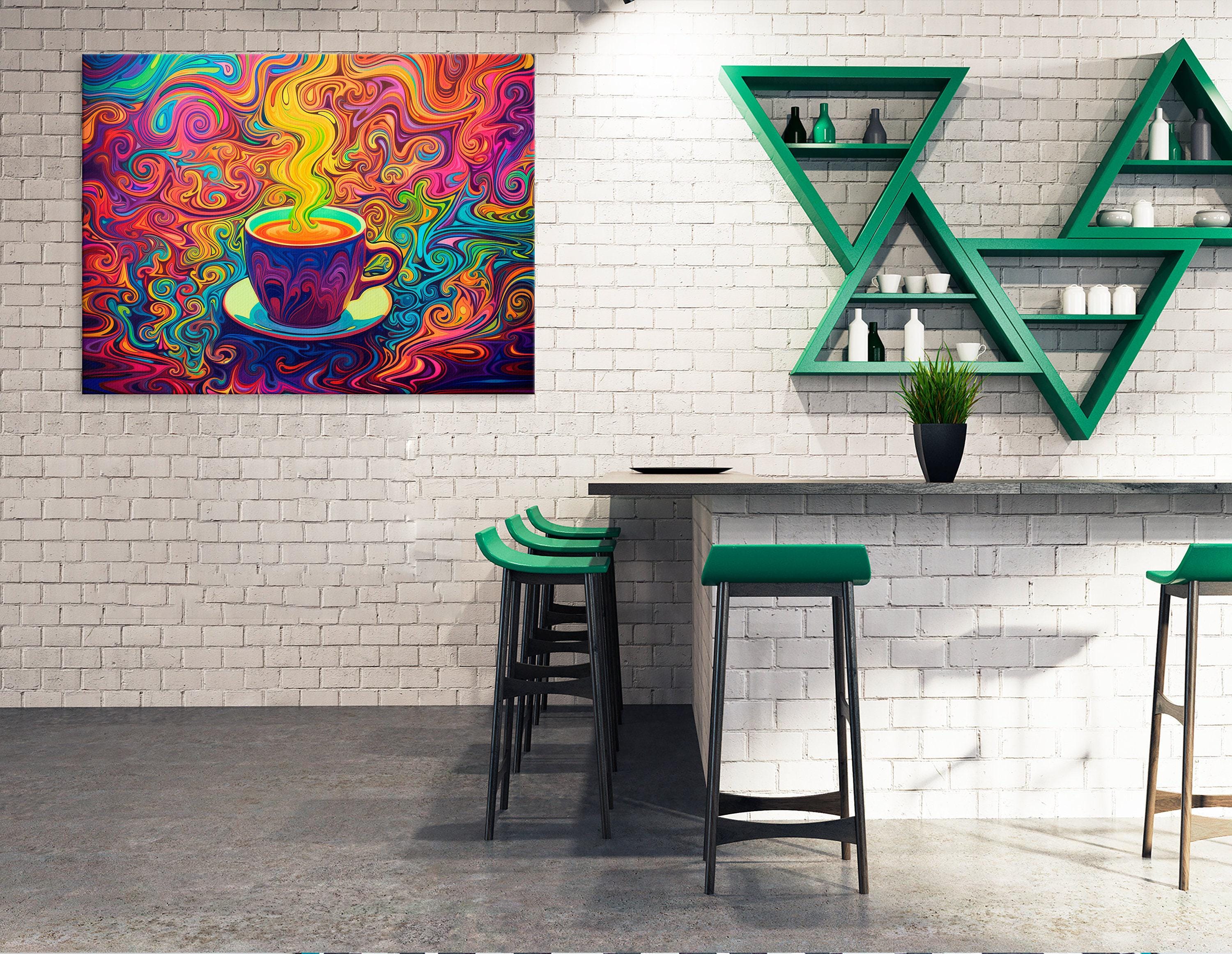 A vivid neon swirl illustration shows a purple coffee cup with rainbow steam, surrounded by tightly curling ornamental patterns detail view