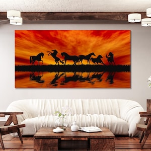 Impressão em tela de pôr do sol de cavalos selvagens, grande arte de parede da natureza, arte de cavalo de silhueta, impressão de arte de paisagem moderna, decoração de parede dramática para casa