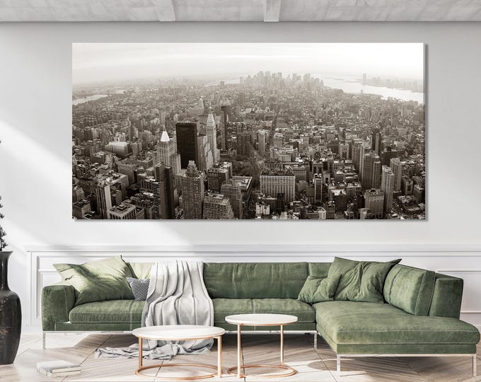 New York Cityscape Wall Art - Manhattan Skyline Canvas Print, Oversized Retro NYC Artwork, Vintage New York Fine Art for Modern Office Decor