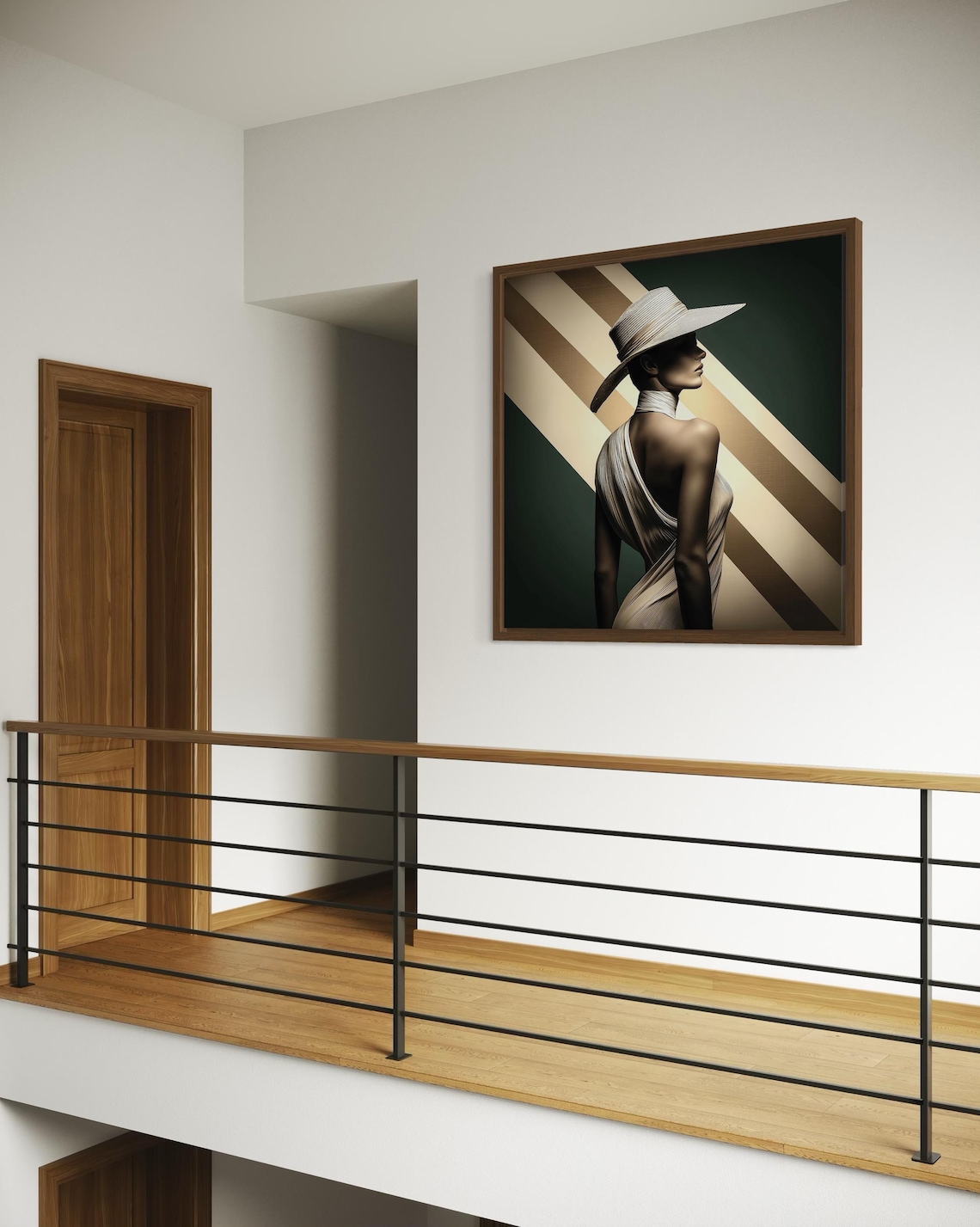 Modern room mockup showing a framed Art Deco style woman portrait above a console table