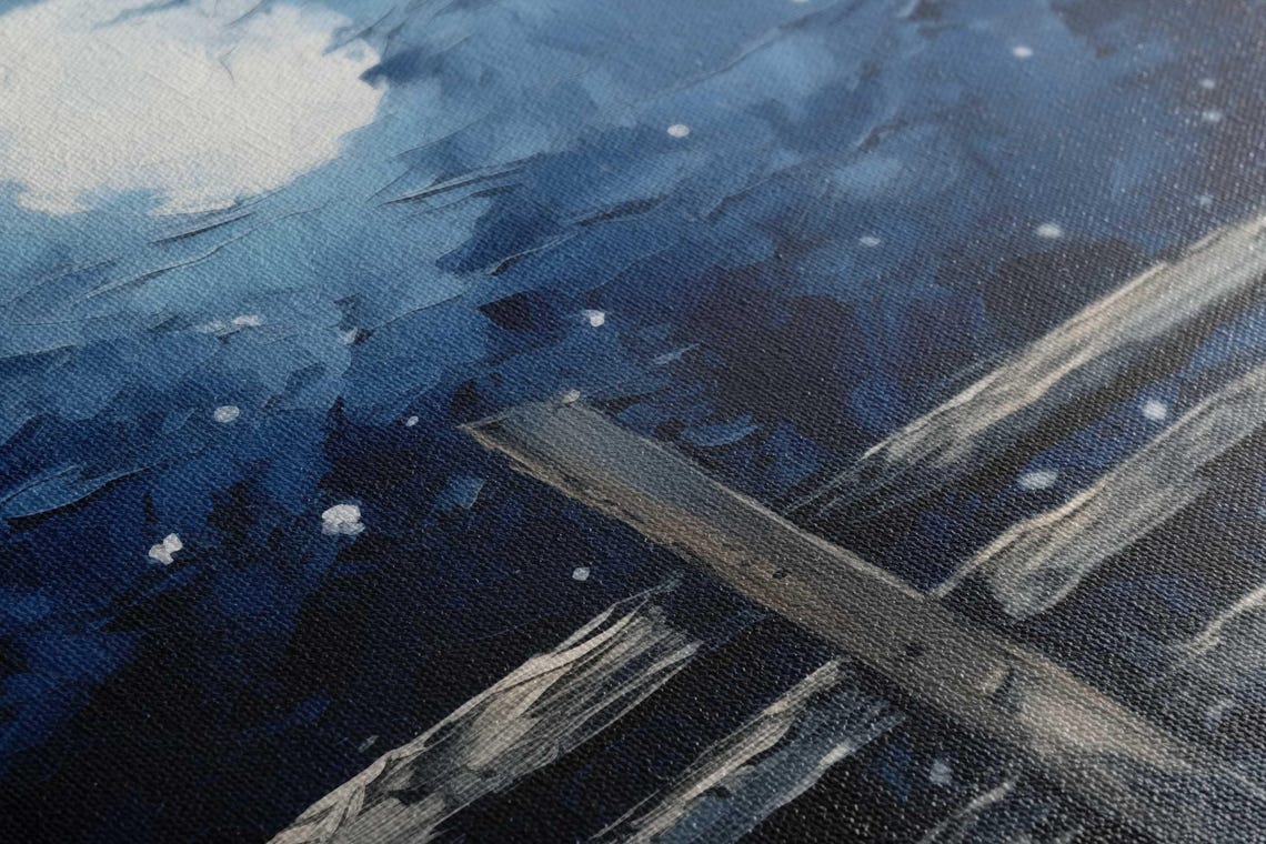 Moonlit night landscape in deep navy blue with a bright full moon and a dark fence detail view