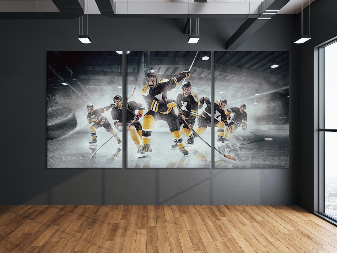 Living room mockup with blue sofa and a large ice hockey artwork above it