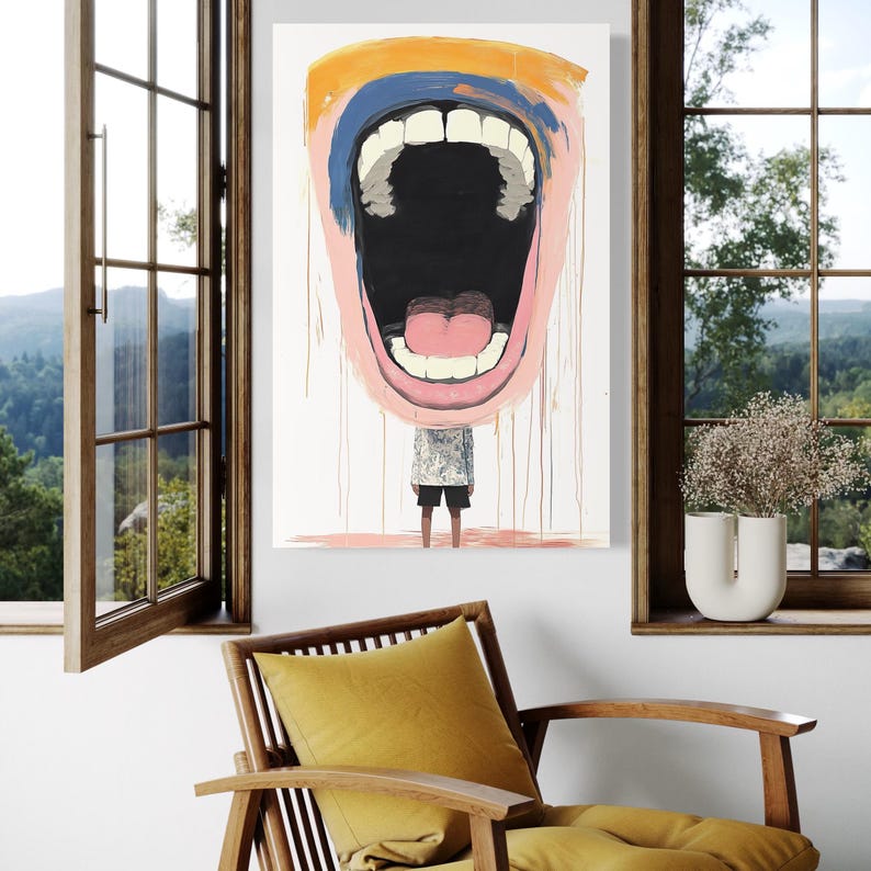 Expressionist scream face artwork with a large open mouth, white teeth and pink blue drips