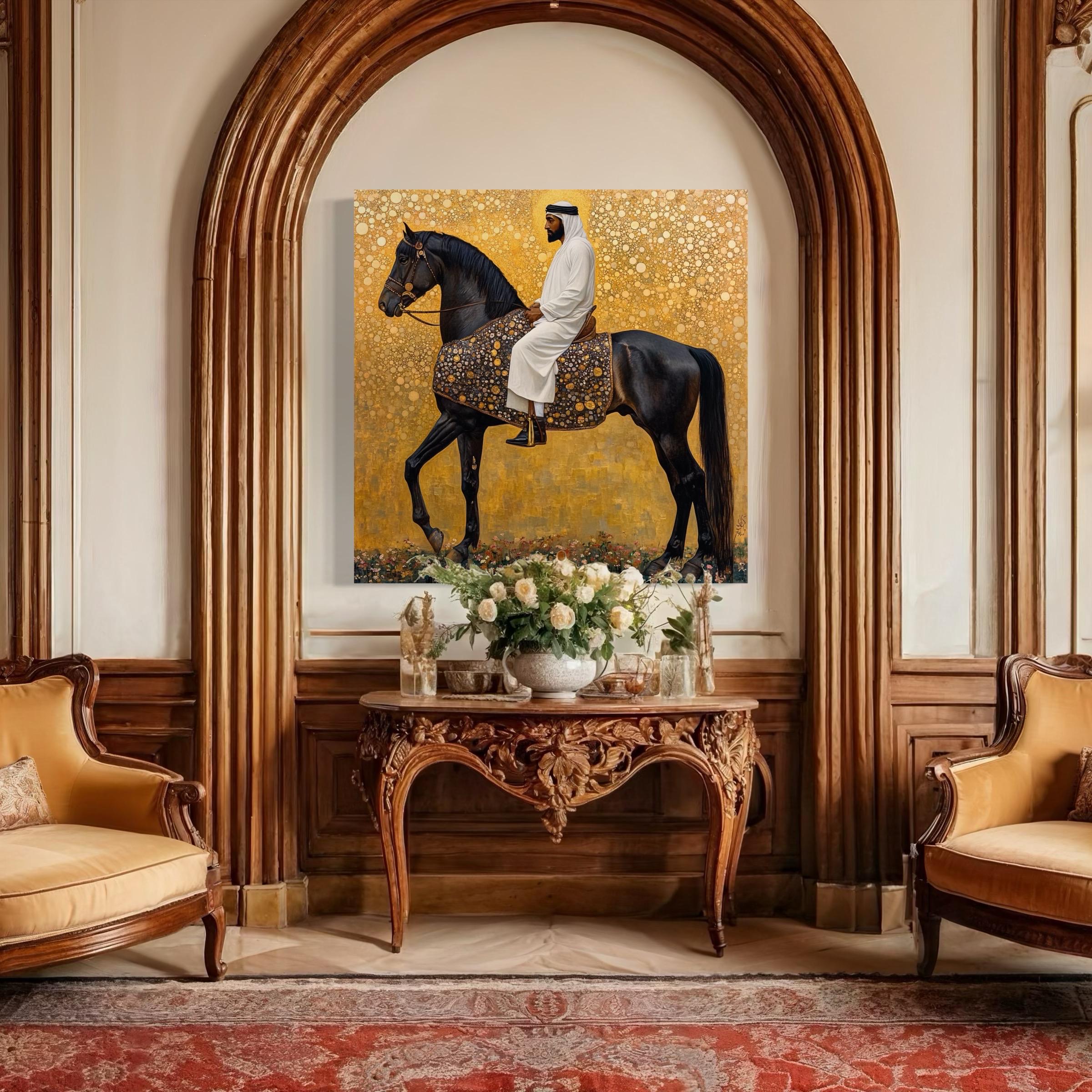 A black horse ridden by a robed man stands in profile against a golden patterned background with a floral strip at the bottom detail view