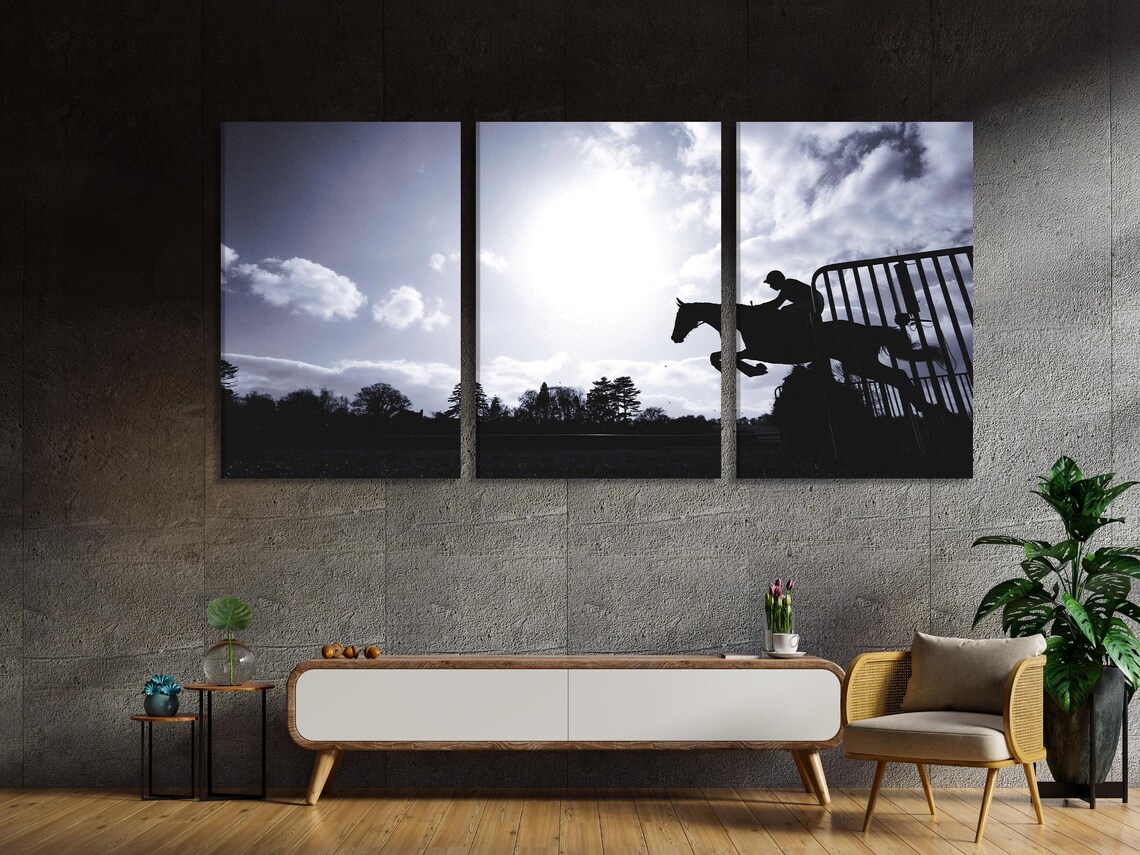 Black silhouette of a jumping horse and rider against a cloudy monochrome sky detail view