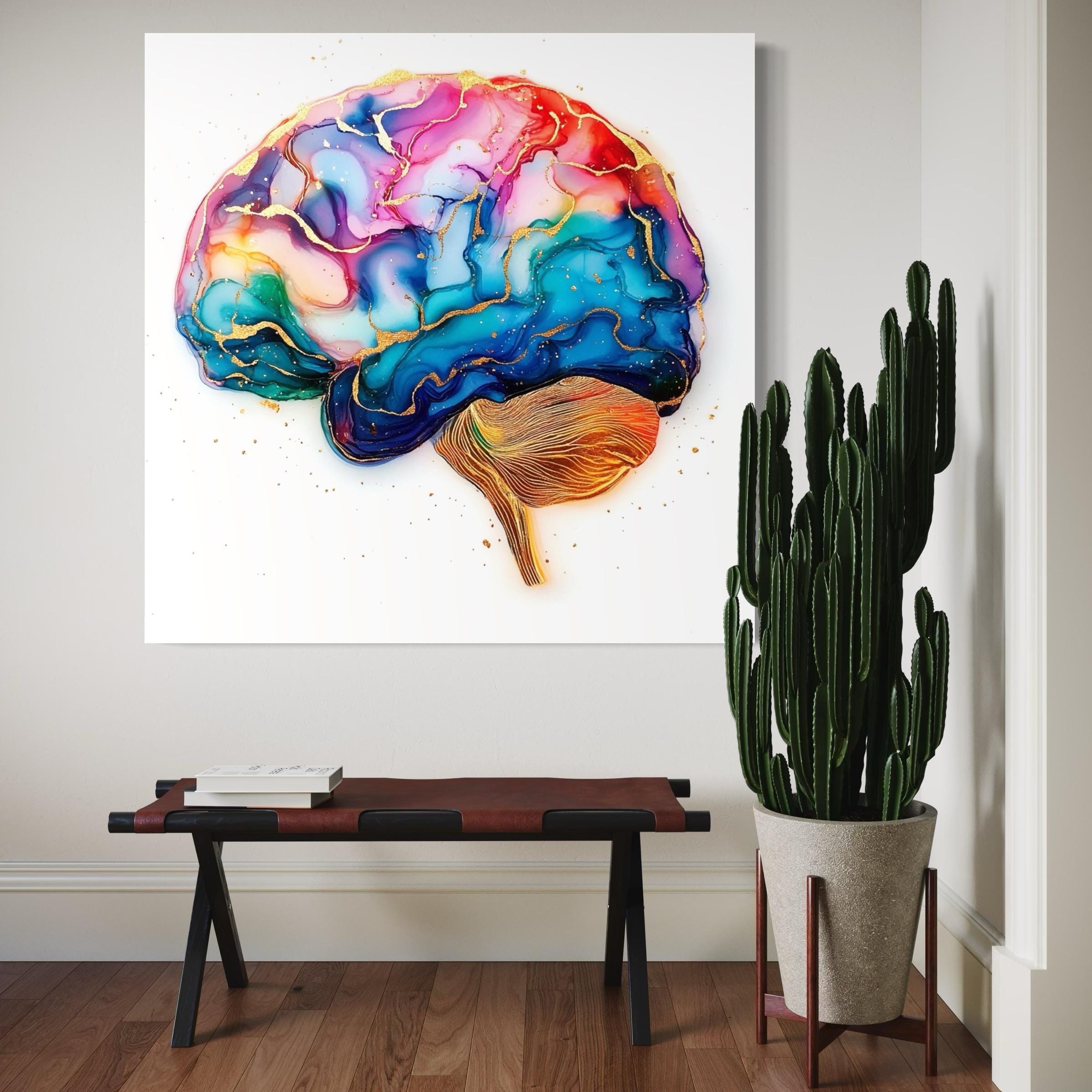 Room mockup showing a wall with a colourful abstract brain artwork above a bench