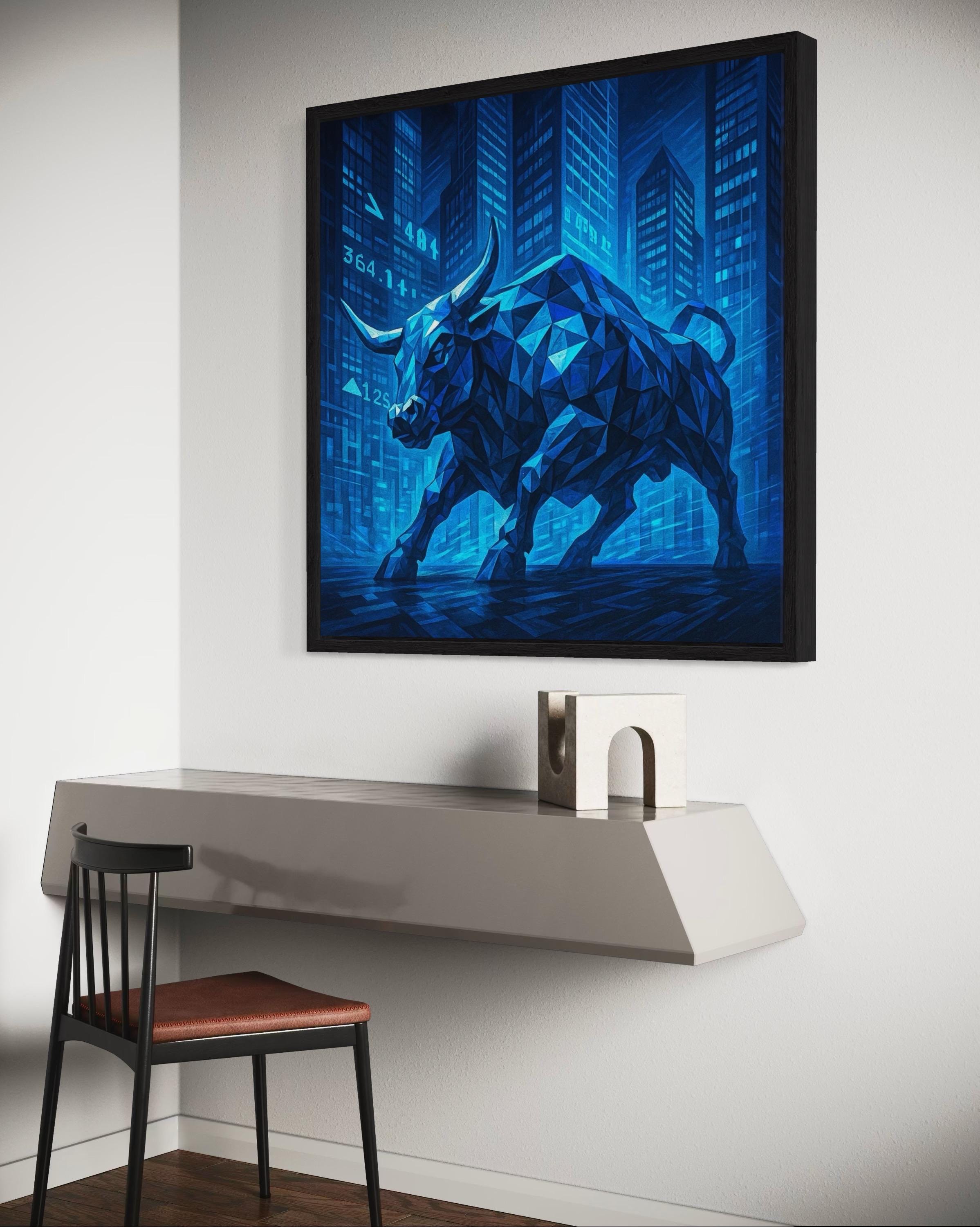 A geometric blue bull stands in a stylised city canyon, its facets catching bright cyan highlights against deep navy buildings and street markings