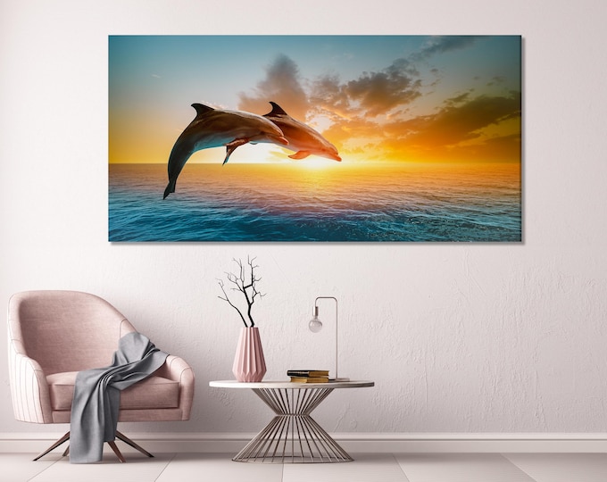 Dolphin Canvas Art - Ocean Sunset Wall Art, Dolphin Wall Art, Dolphin Canvas Print, Dolphin in the Ocean Art Print, Dolphin Fine Art Print