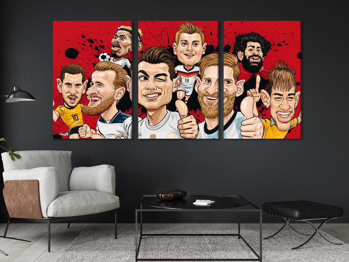 Football caricature artwork displayed above a dining table in a bright room