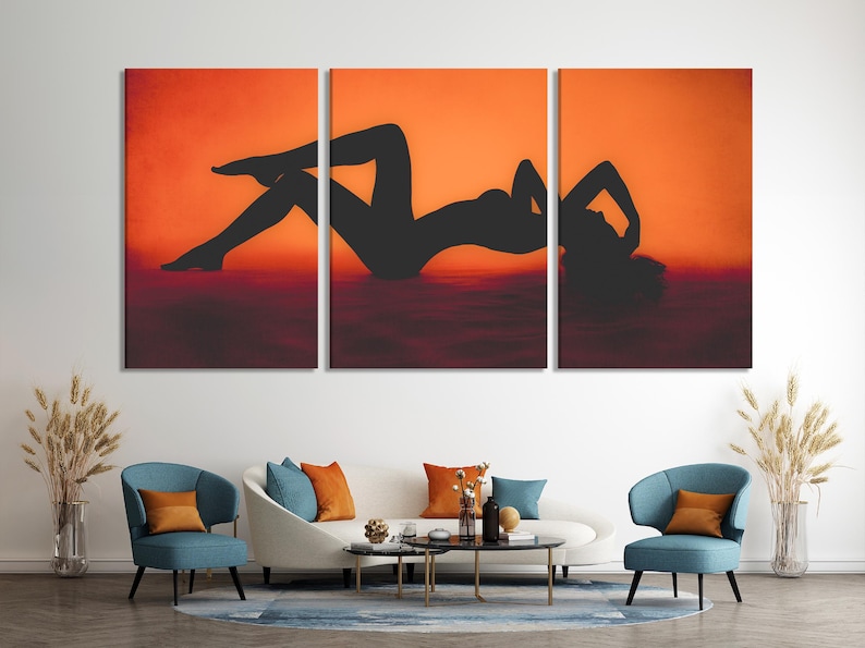 Three-panel sunset silhouette showing a reclining woman against a warm orange horizon