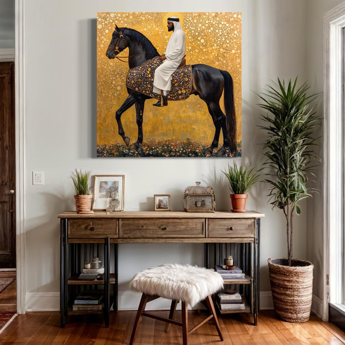 A black horse ridden by a robed man stands in profile against a golden patterned background with a floral strip at the bottom detail view
