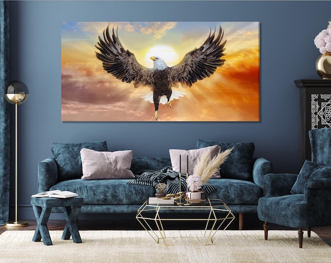 Bald Eagle Canvas Print Extra Large Bald Eagle with Sunset Sky Wall Art for Modern Nature-Inspired Home Decor